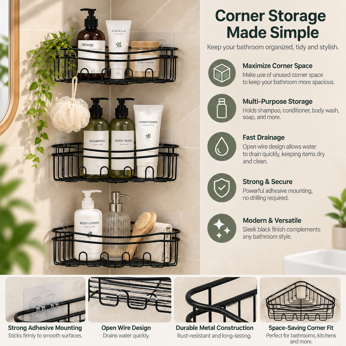 3-Piece Corner Shower Caddy Set